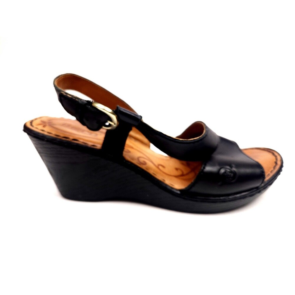 Ladies Born Sorine Wedge Heeled Sandal Shoe Black Leather US 6 M